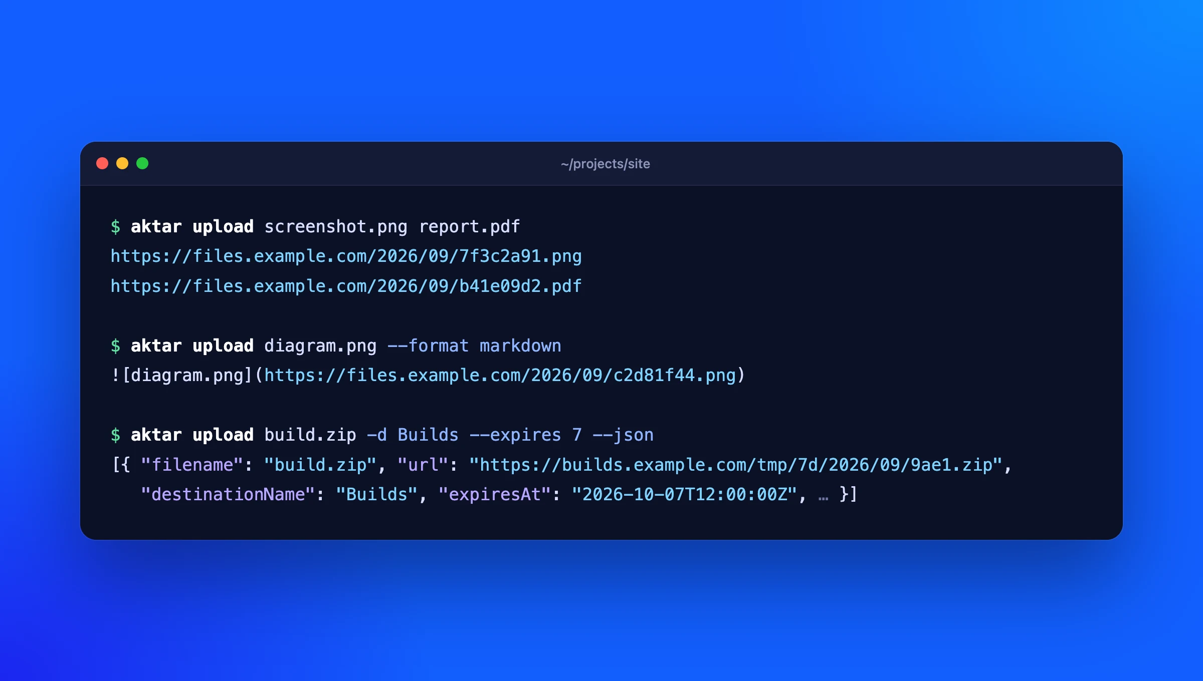 aktar upload in a terminal, printing links, a Markdown image and JSON