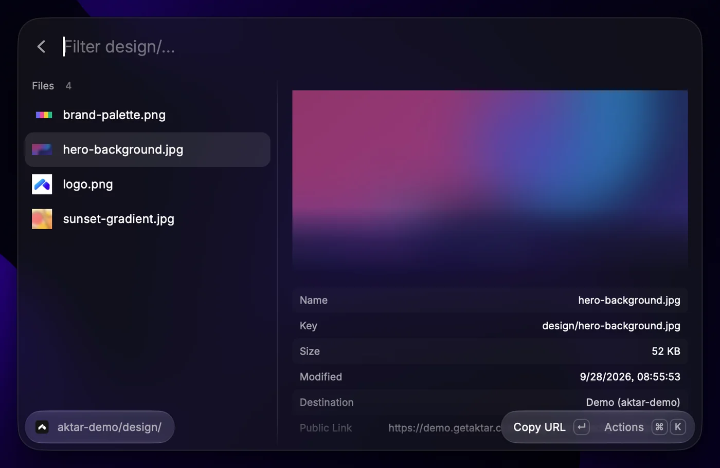 Browse Buckets di Raycast: folder bucket dengan pratinjau gambar dan tautan publiknya